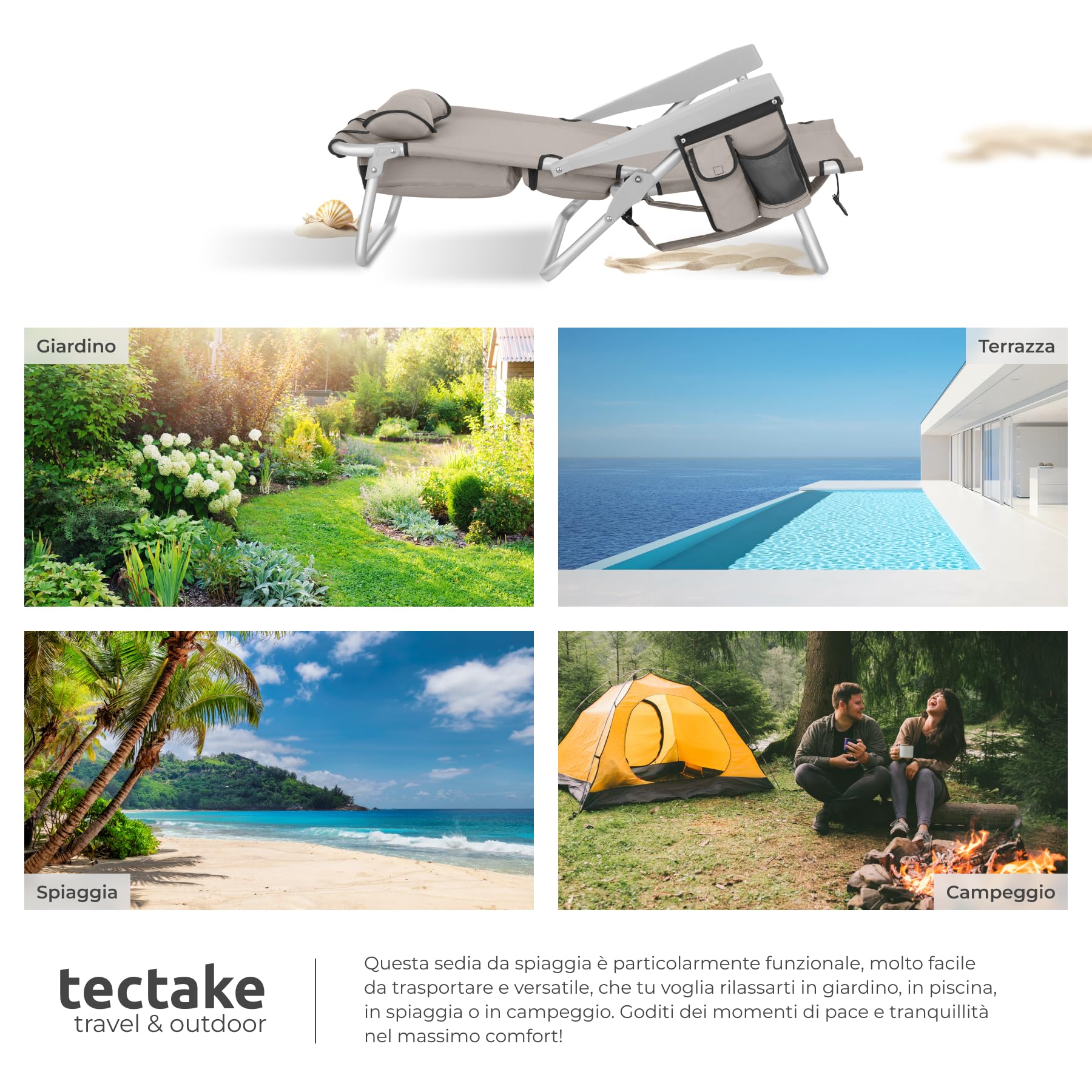 tectake® 2 Sedia da Spiaggia, Spiaggina Pieghevole Funzione Zaino, Sedie da Giardino, Telaio Alluminio, Sdraio Da Spiaggia, Schienale Regolabile, Sdraio pieghevole, Borsa Termica, Sedia Mare - Beige