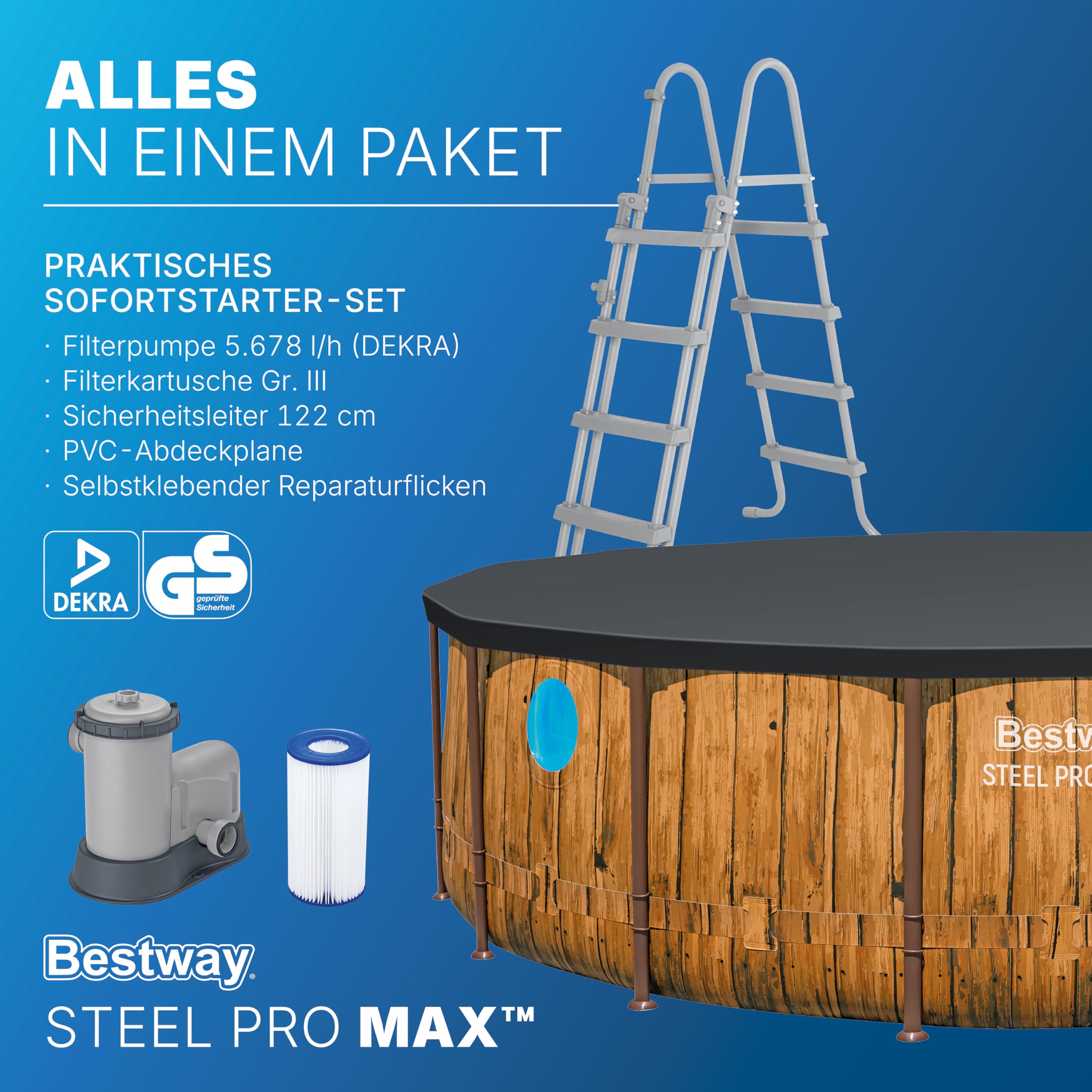 Bestway Steel Pro MAX Splashview Frame Pool Komplett-Set mit Filterpumpe Ø 488 x 122 cm, Holz-Optik (Pinie), rund