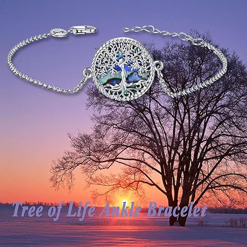 Miniatura 5 de ONEFINITY Tobillera de plata de ley con diseño de árbol de la vida, concha de abulón, ópalo azul, árbol de la vida, joyería de árbol para mujeres y