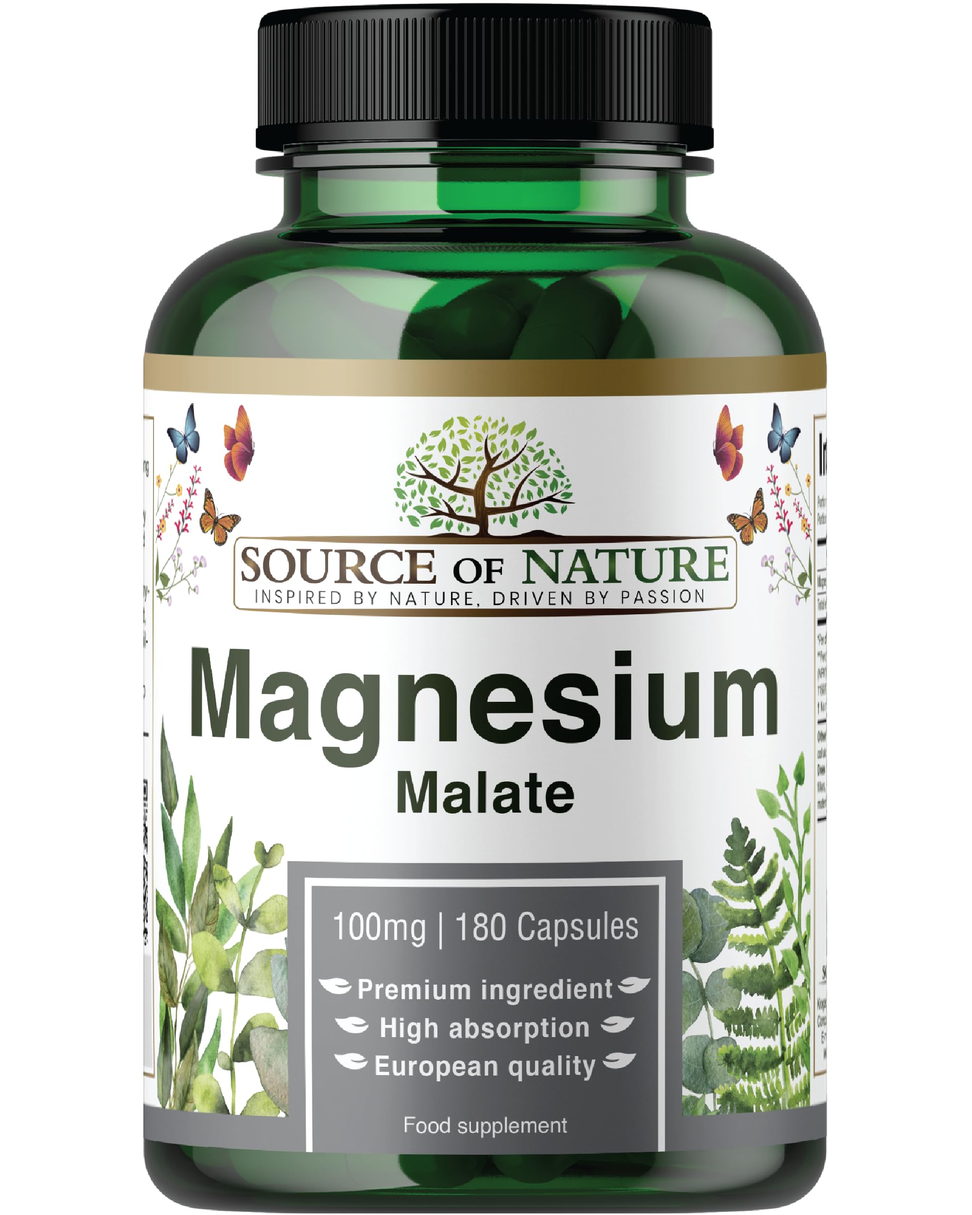 Source of NatureMagnesium Malate 645mg | 180 Capsules | 2-Month Supply | 100mg Elemental Magnesium | High Bioavailability | Supports Energy & Muscle Function | Gentle on Stomach | Vegan