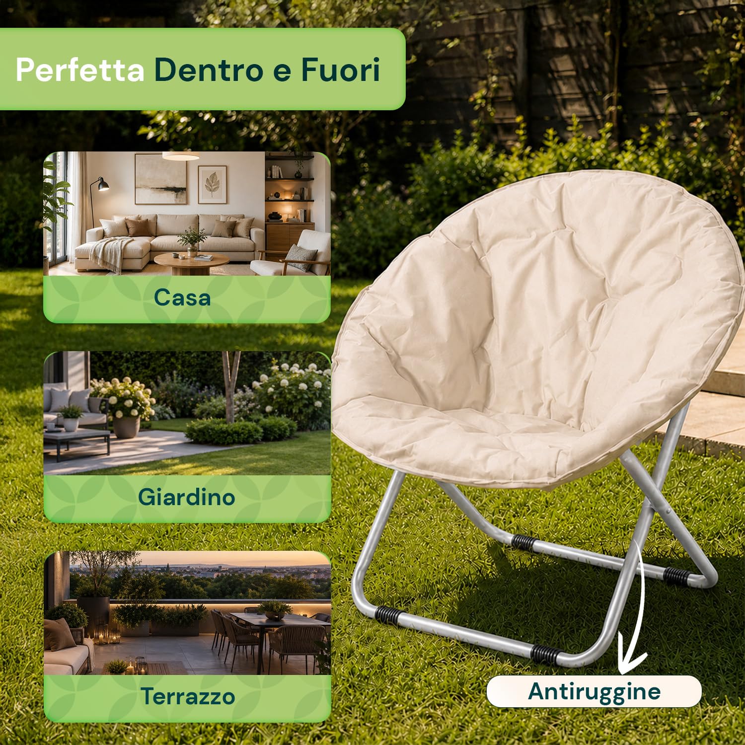 Poltrona Pieghevole Imbottita Tessuto Oxford Acciaio Antiruggine Interno Esterno 100 kg L80xP36xA80 cm Beige