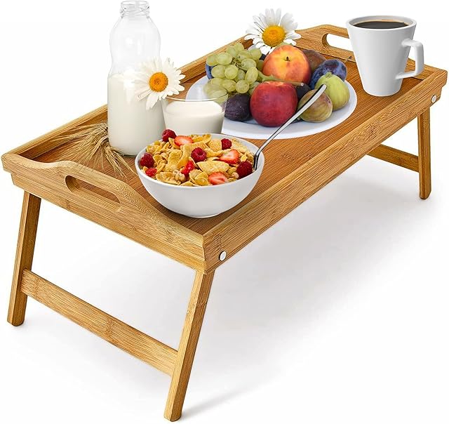 Klass Home Lap Tray and Serving Tray, Bamboo Bed Tray Table with Foldable Legs, Wooden Tray or Bed Tray for Breakfast on Sofa, Bed, Breakfast Tray or Bed Tray Tables & Lap Trays L50cm x W30cm x H25cm