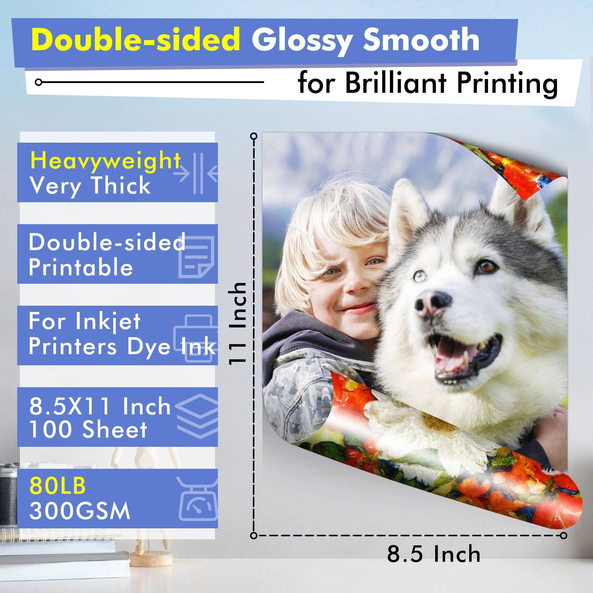 Koala - Papel fotográfico grueso de doble cara, brillante, pesado, 8.5 x 11 pulgadas, 80 libras, 100 hojas, cartulina de 300 g/m², compatible con impresora de inyección de tinta