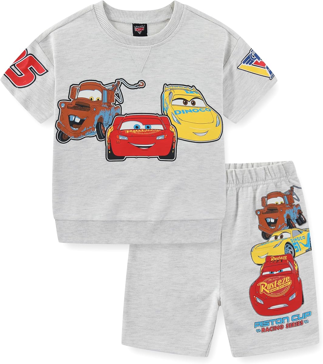 Disney Cars Boys French Terry Short Sleeve T-Shirt and Short Set for Toddler and Big Kids