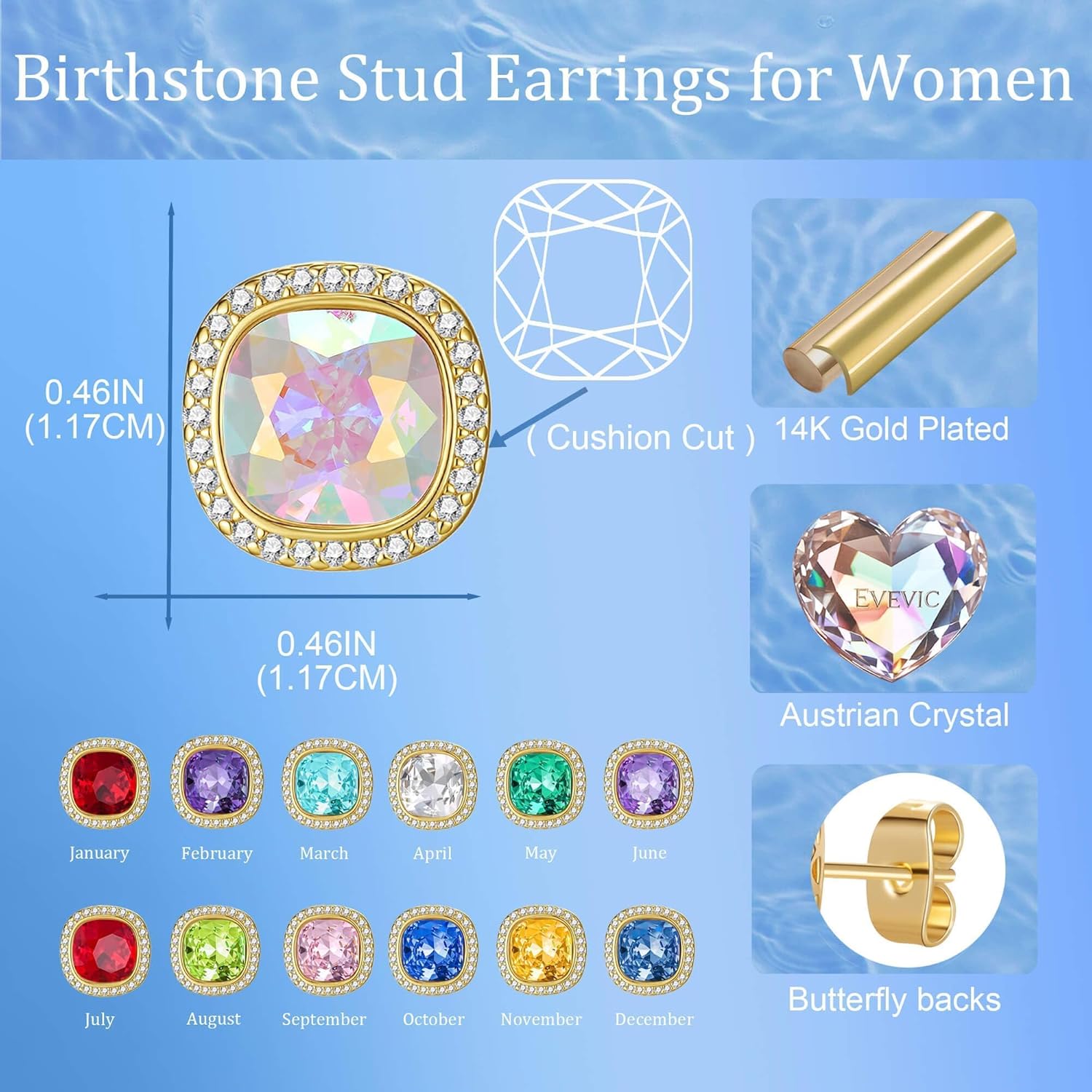 EVEVIC Austrian Crystal Halo Square Stud Earrings for Women 14K Gold Plated Birthstone Earring Hypoallergenic Jewelry Gifts - Image 6