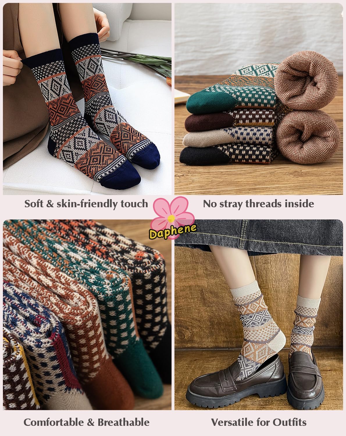 Daphene Women's Ethnic Vintage Socks | Premium Combed Cotton Warm | Retro Patterns Breathable Stretch Design | Holiday Gifts - Image 5
