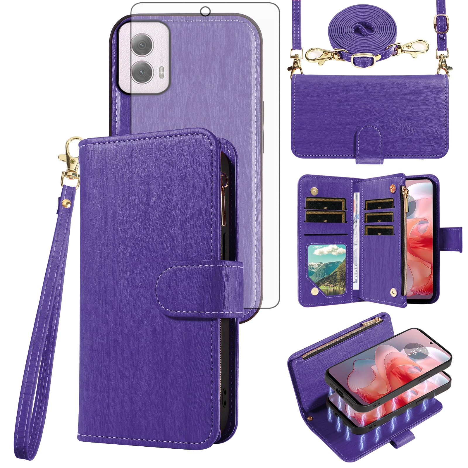 Asuwish Phone Case for Motorola Moto G Power 5G 2024 Zipper Wallet Magnetic Detachable Cell Cover with Tempered Glass Screen Protector Crossbody