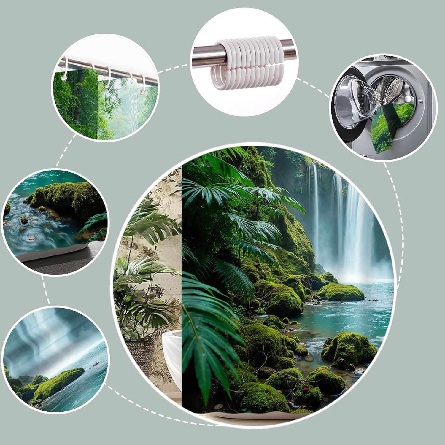 Forest Waterfall Shower Curtain Tropical Nature Green Tree Mountain Misty Jungle Rainforest Natural Scenery Landscape Bath Curtain Fabric Bathroom Accessories Decor with Hooks 70W x90L