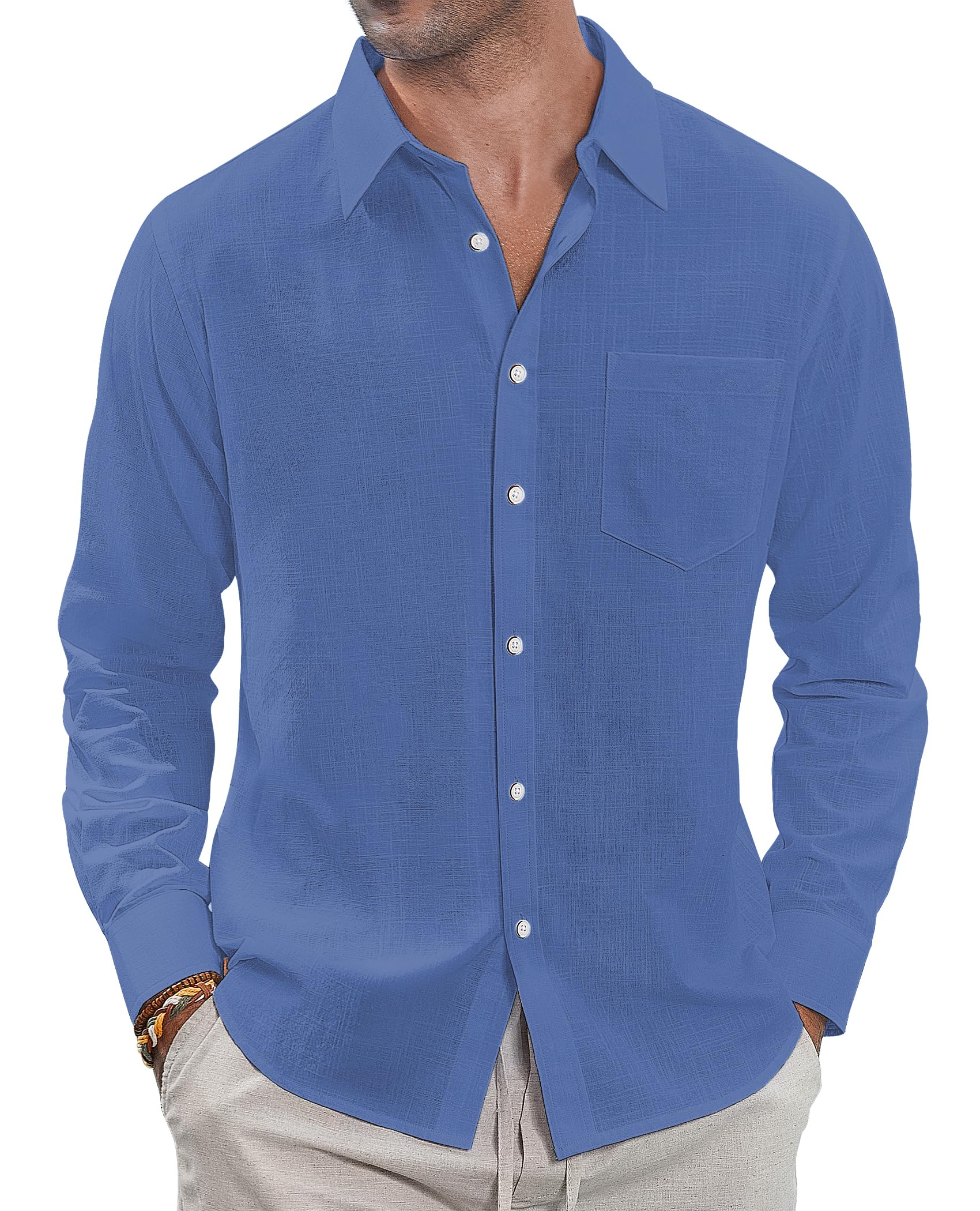 J.VER Leinenhemd Herren Langarm Leichtes Sommerhemd Einfarbig Business Freizeithemd Party Club Reisen Alltägliche Leinen Shirt mit Taschen