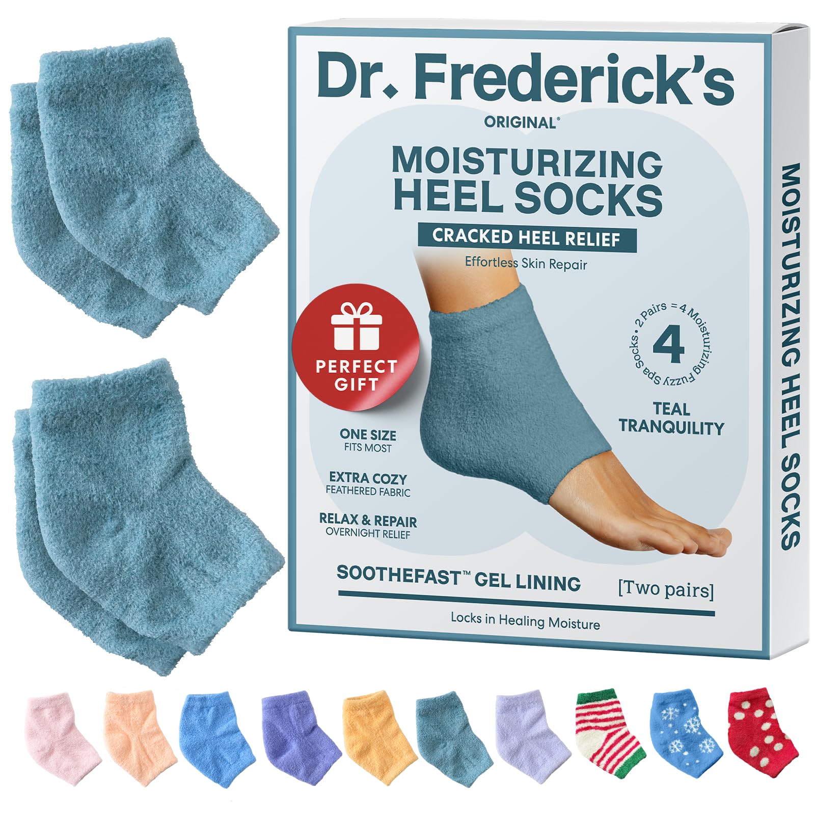 Dr. Frederick's Original Moisturizing Fuzzy Heel Socks - 2 Pairs - Cozy Gel-Lined Sleep Socks for Women & Men - Soothes Dry, Cracked Feet - Heel Repair - Teal Tranquility