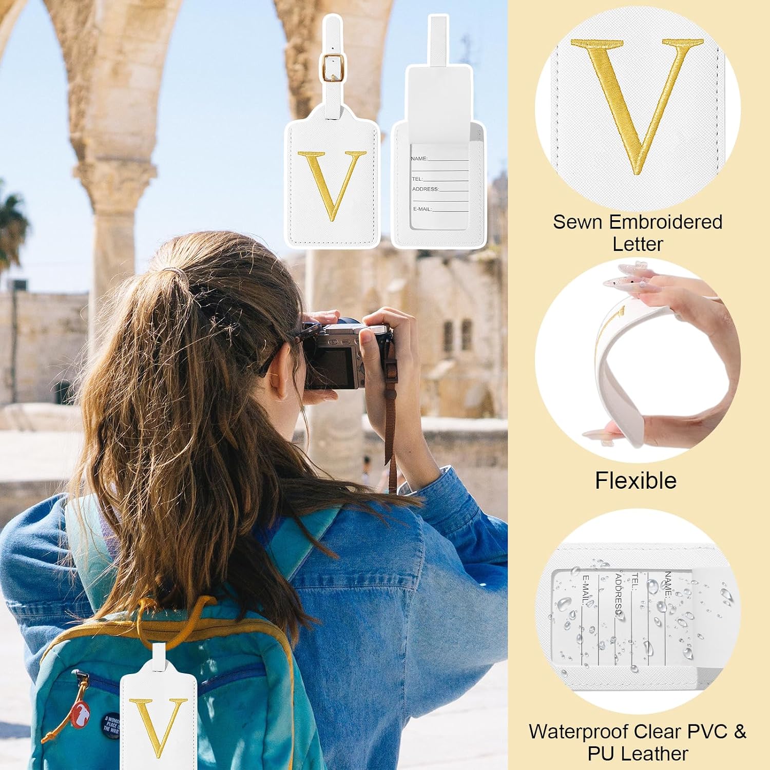 Unique Initial Letter Luggage Tags for Suitcases, Monogrammed Suitcase Luggage Identifier Tag,PU Leather TSA Approved Luggage Tags,Bag Tags for Men Women Kids Luggage Baggage(White V) image 5