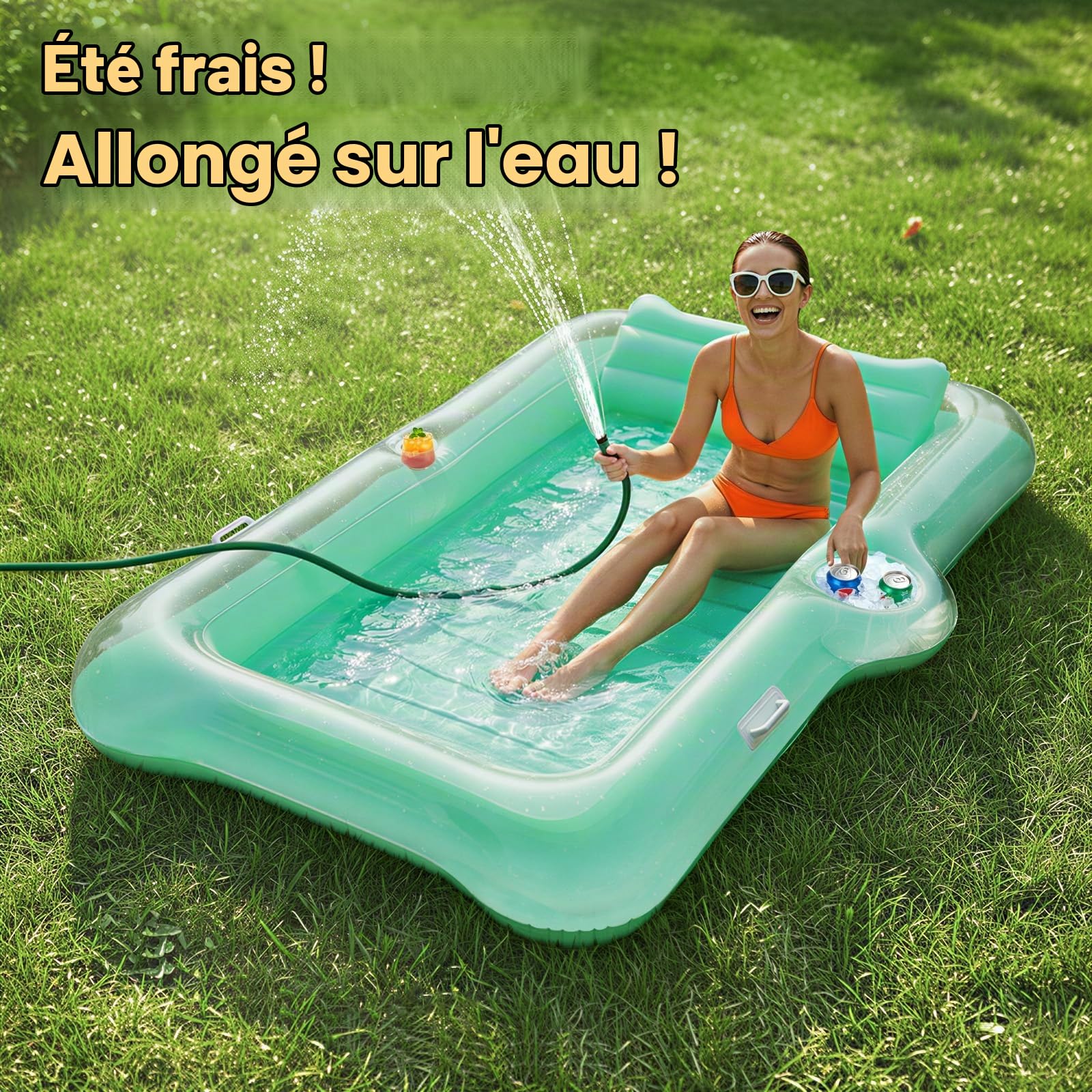 HeySplash Flotteur de Piscine Gonflable, Grand Bateau Flottant Gonflable pour Adultes avec Porte-Gobelet et Oreiller Détachable, Flotteur de Bronzage en Lac, Rivière, Eté, Vert Cristallin