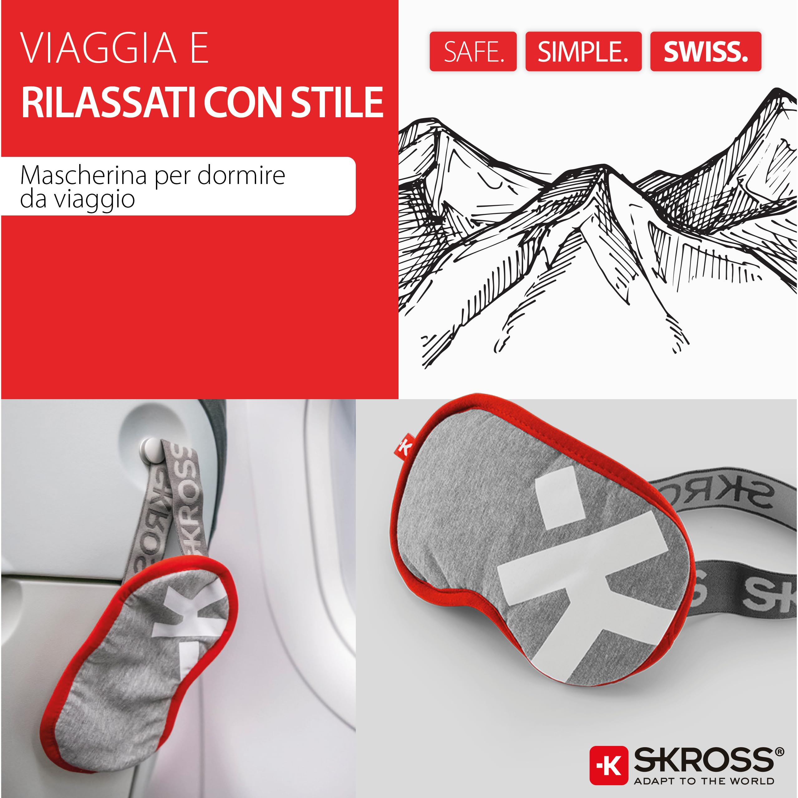 SKROSS - Deluxe Sleep Mask - Maska do spania w podróży lotniczej, samochody, pociąg. Maski miękkich oczu blokuje światło w 100% - zmywalne - czerwony