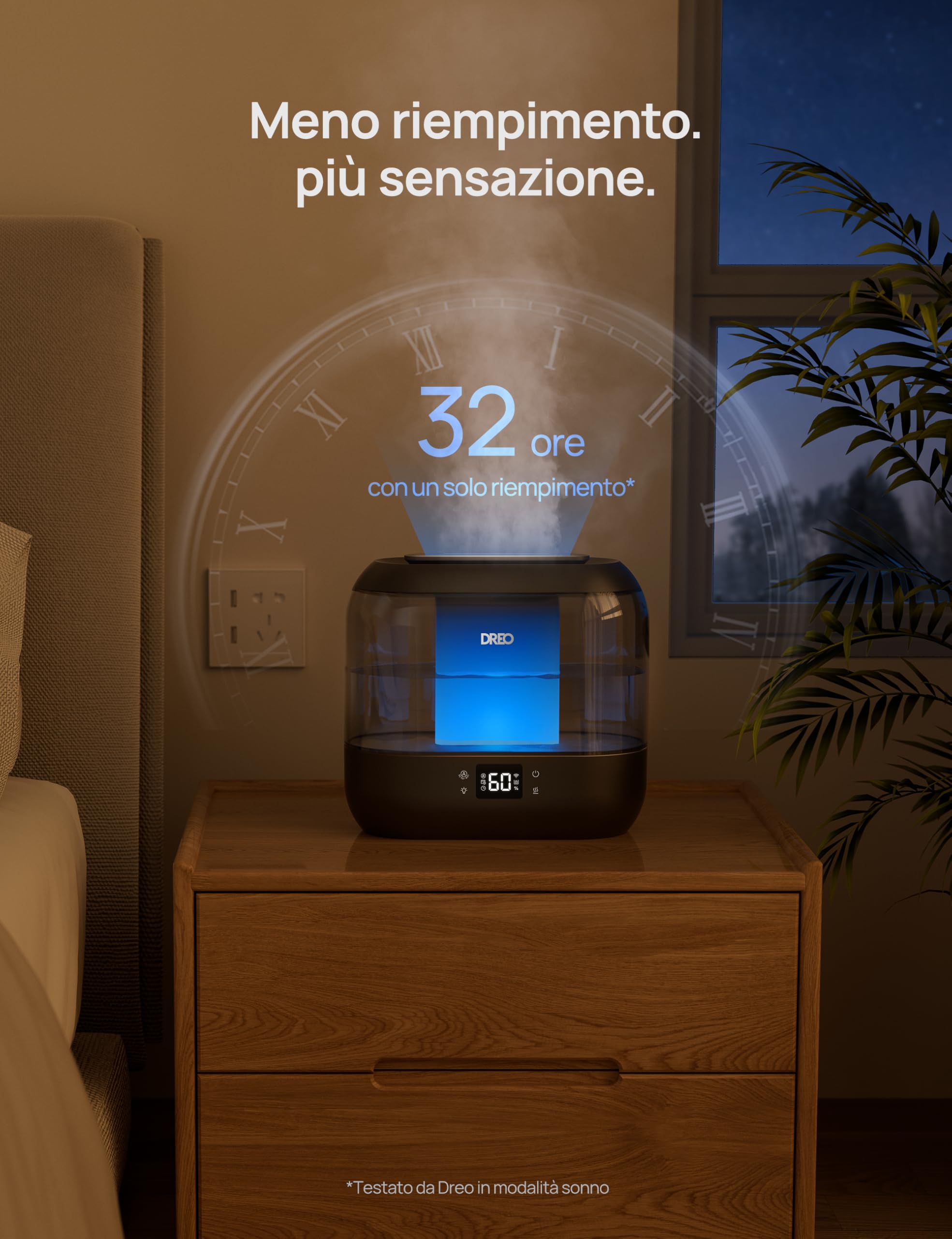 Dreo Umidificatore Smart per la Camera da Letto, Riempimento Superiore da 4L con Nebbia Fredda e Diffusore di Olio e Luce Notturna, Autonomia di 32 ore, Umidificatori Silenziosi per Casa, Ufficio