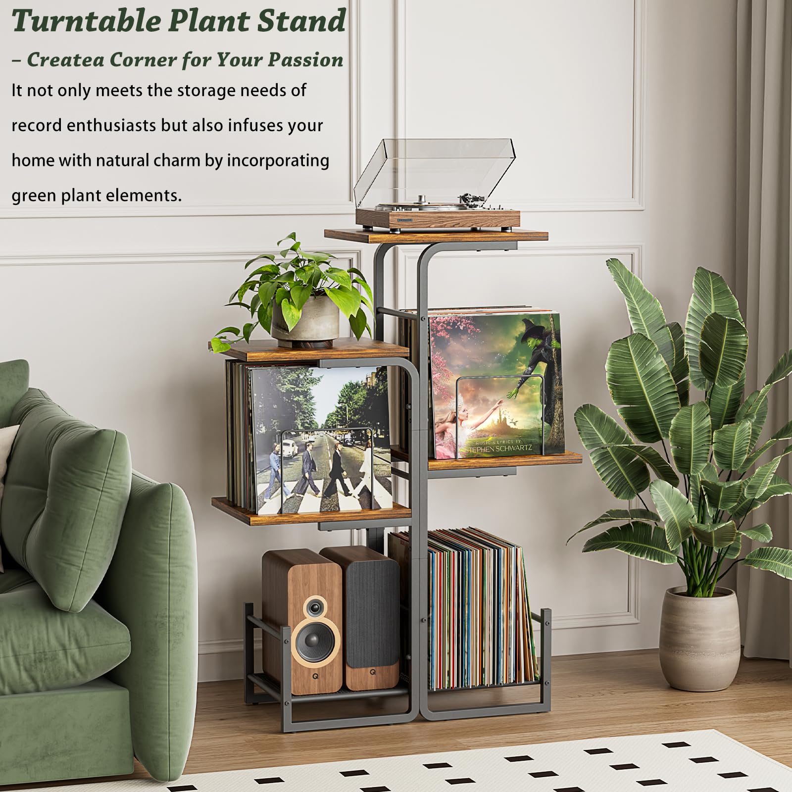 Bikoney Plattenspieler Ständer mit großem Vinyl Stauraum, Vintage Turntable Tisch mit LP Ablage & Schallplatten Display, Pflanzendesign Plattenschrank für Wohnzimmer, Schlafzimmer & kleine Räume