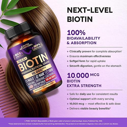 Miniatura 6 de Biotina 10000mcg con silicona  Suplemento de biotina de grado farmacéutico para mujeres  Apoyo al crecimiento del cabello, piel y uñas  Máxima