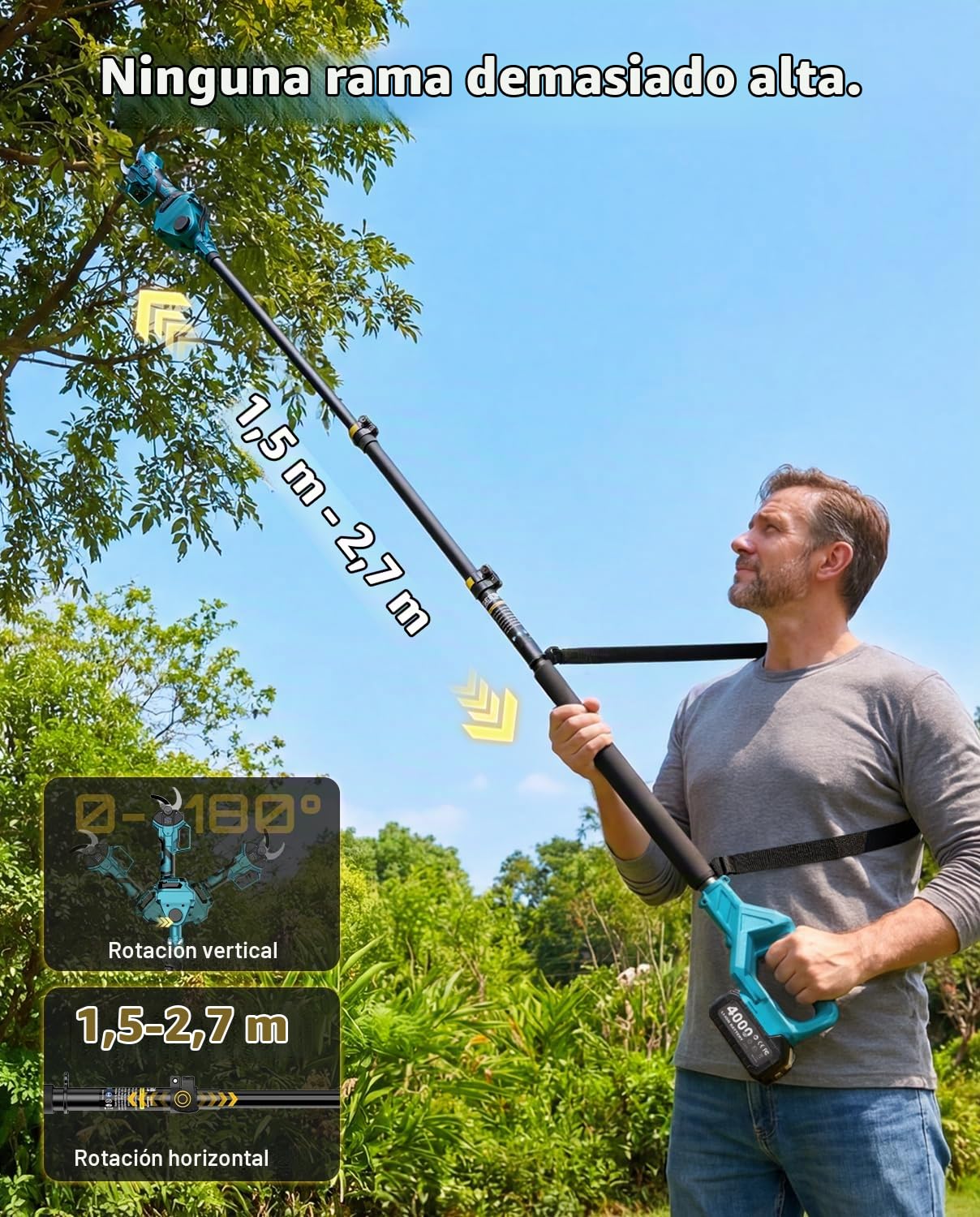 Tijeras de poda de altura 2 en 1 SEESII: Podadora eléctrica inalámbrica con diámetro de corte de 40 mm, 2 * 4,0 Ah, cuchilla SK5 adicional y 4 modos de corte ajustables para árboles y flores.