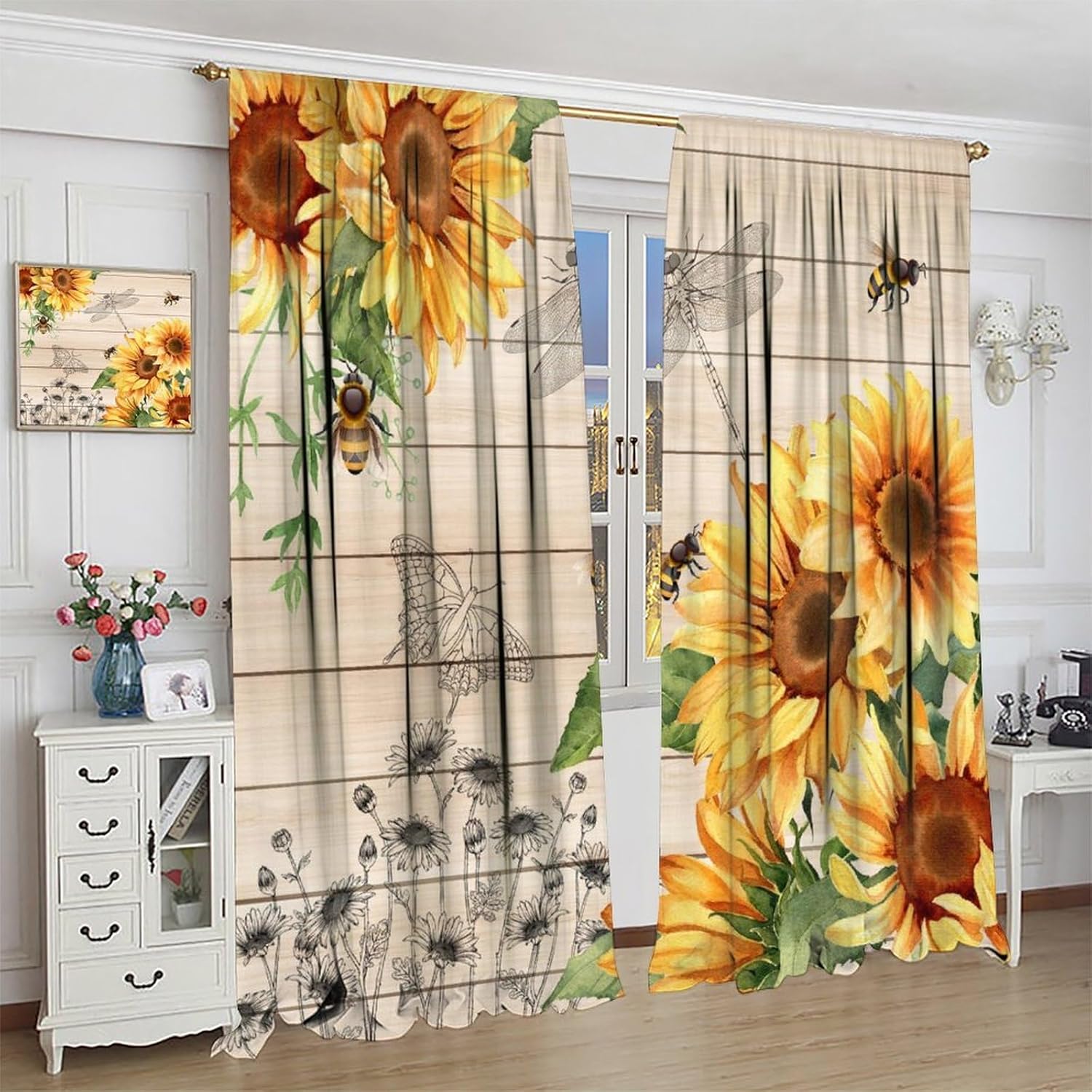 Sunflower Curtains Country Farmhouse Vintage Floral Wooden Board Art Printed Blackout Window Drapes for Bedroom Kitchen Decor Fabric Set 2 Panel 42x45 Inch 80% Shading Rate