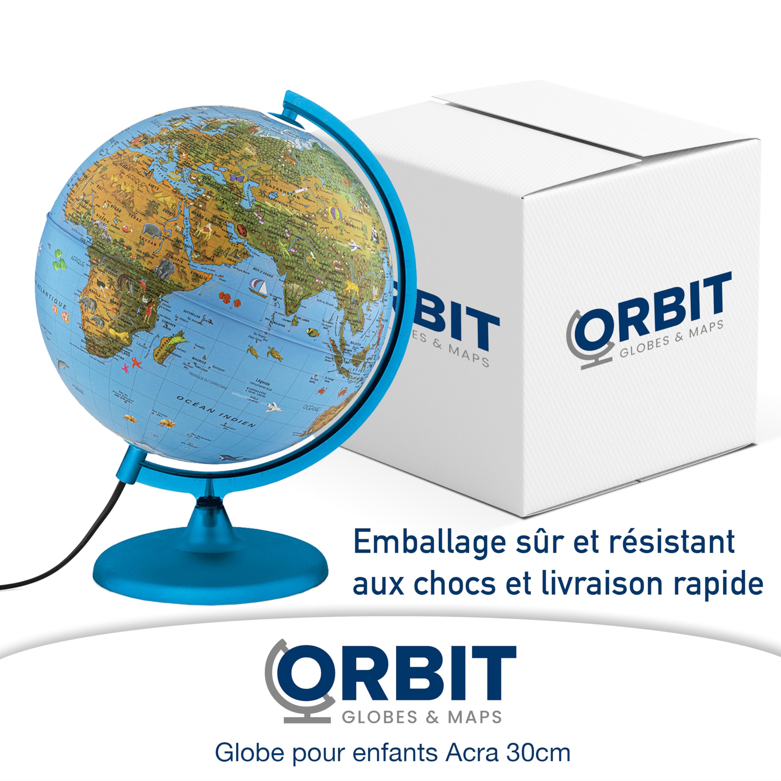 ORBIT Globes & Maps - Globe pour enfants - Globe de 30cm avec pied en plastique anti-choc, cartographie avec de nombreuses illustrations, textes en français