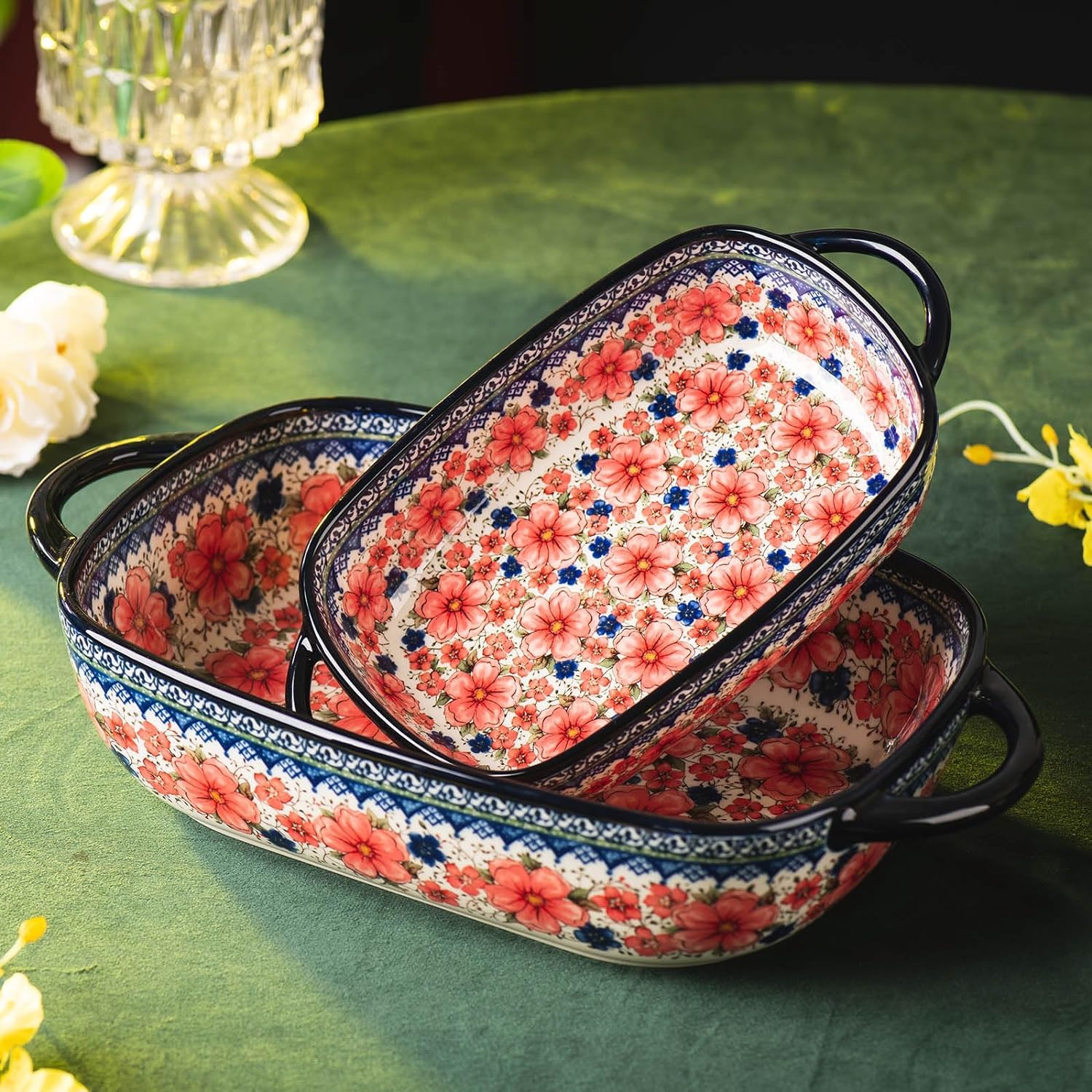 Juego de 2 utensilios de porcelana para hornear, platos rectangulares para hornear, sartén para lasaña para cocinar, cocina, cazuela, cena de pasteles, banquetes y uso diario. (D)
