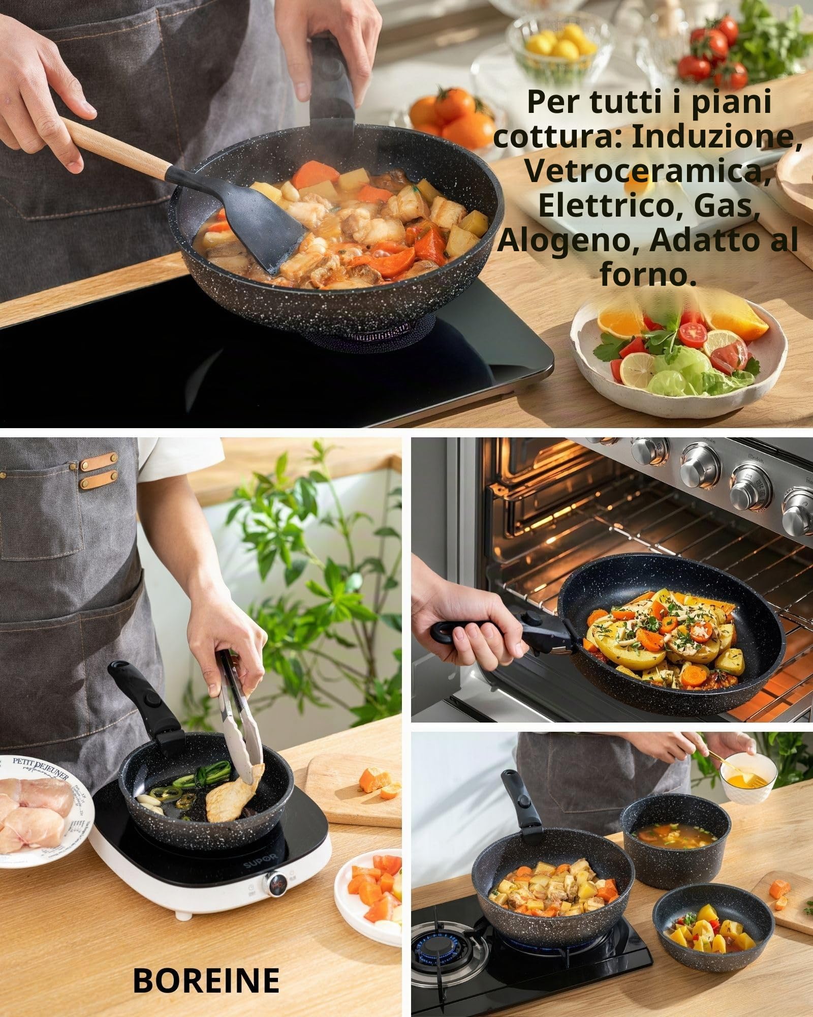 BOREINE Set di Pentole e Padelle 14 Pezzi, Batteria Pentole Antiaderente Senza PFOA e PTFE, Manico Removibile, Compatibile Induzione, Gas, Forno e Tutti i Piani Cottura, Nero