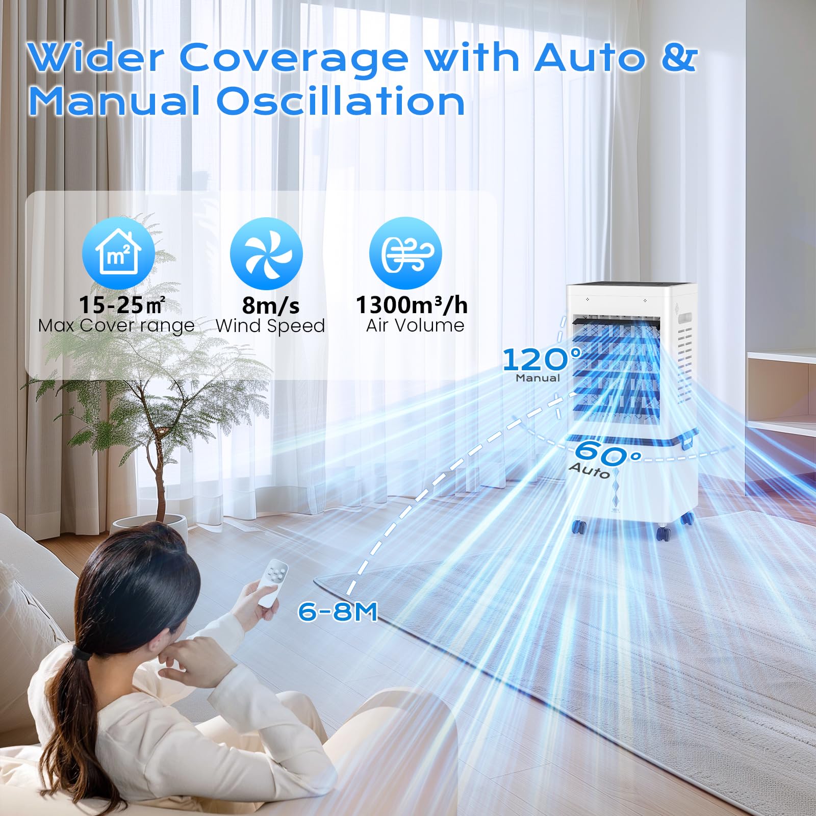 Klimaanlage Mobil 45W, 3-seitiger Klimaanlage Ohne Abluftschlauch, 6 Modi, 12L Abnehmbarem Tank, 60/120° Oszillation, 24h Timer, Leise, Fernbedienbar, Verdunstungskühler für Zuhause Schlafzimmer