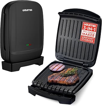 Gourmia Indoor Grill & Panini Maker 4 Serving Contact or Open Grill, Nonstick Ceramic, Preheat Indicator Light, Slope Design with Removable Dishwasher Safe Drip Tray