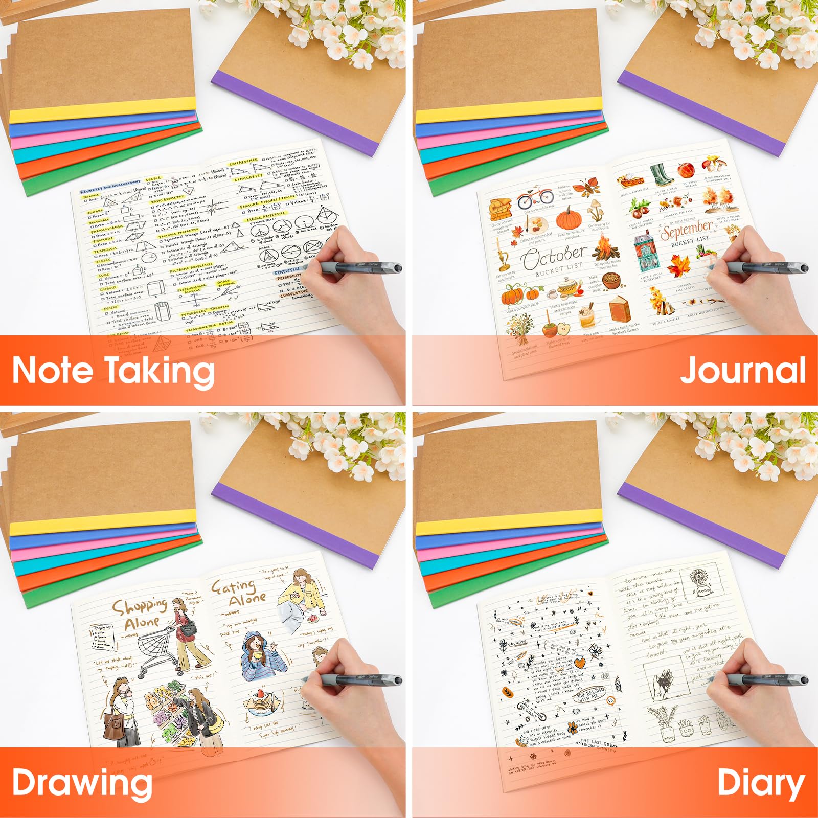 YesBes Confezione da 32 quaderni per composizione, formato A5, copertina in carta kraft, a righe, 21,1 x 14 cm, per scuola, ufficio, studenti, artisti, 8 colori, 60 pagine