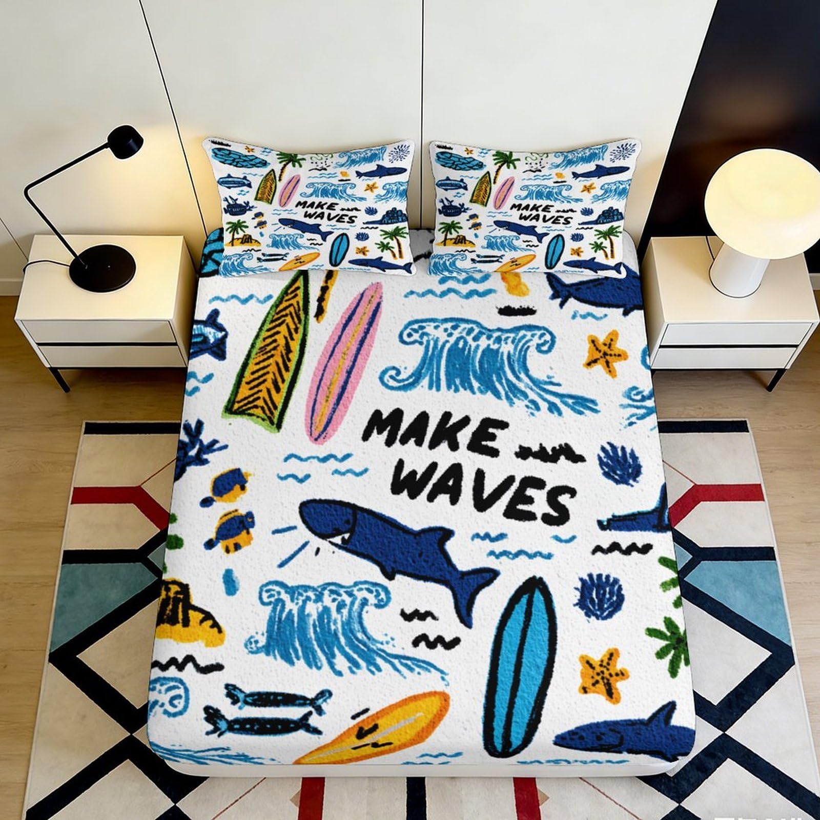 3D Printed Ocean Wave Fitted Sheet Microfiber Soft Surfboard Mattress Cover for Bedroom Guest Room Decoration 90x200x25cm