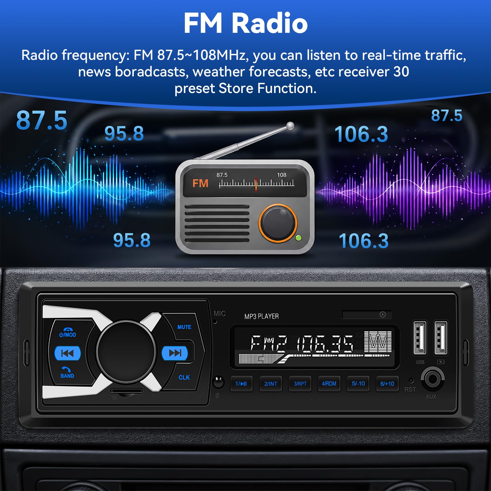 SIXTOP DAB Autoradio con sistema vivavoce Bluetooth, autoradio 1DIN con radio FM/display orologio LCD, lettore MP3