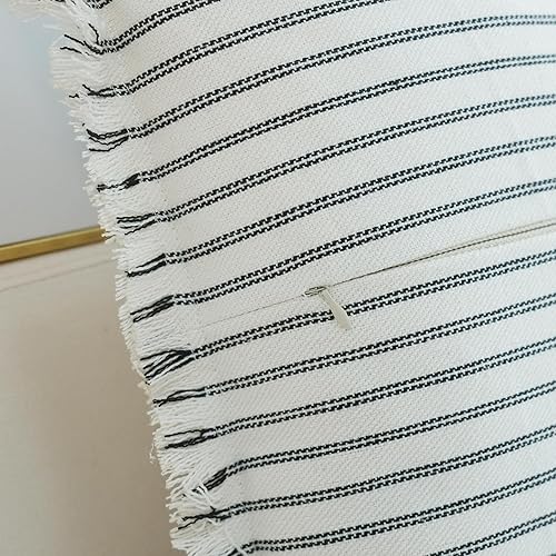 Miniatura 6 de JOJUSIS Paquete de 2 fundas de almohada a rayas con flecos para sofá, dormitorio, funda de almohada rural de 16 x 16 pulgadas, color negro
