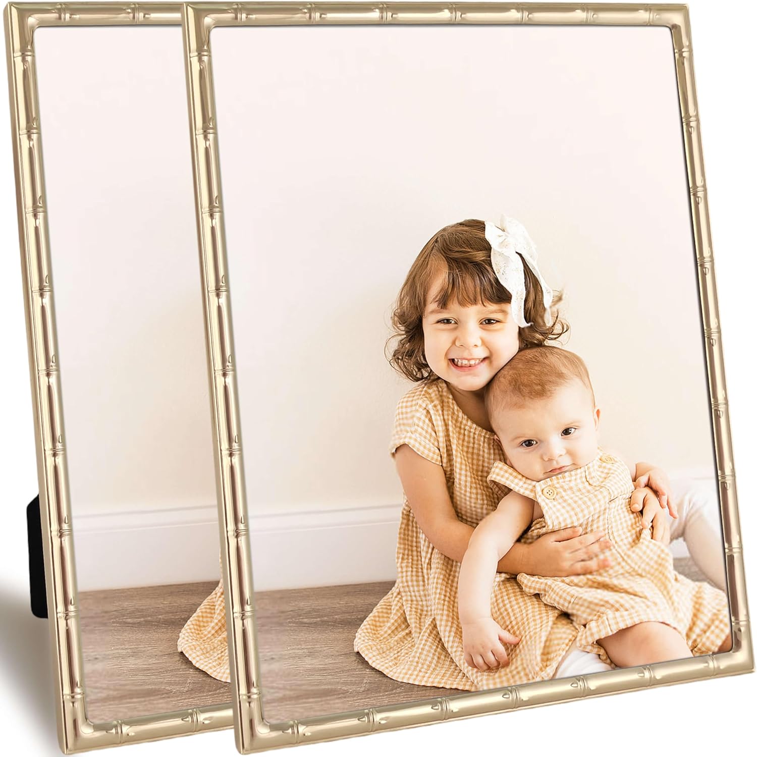 8x10 Gold Picture Frame with Elegant Metal Bamboo Design, 8 x 10 Photo Frames with HD Real Glass, Display for Tabletop or Wall Mounting, Great for Home Decor and Gift Giving (2Pcs)