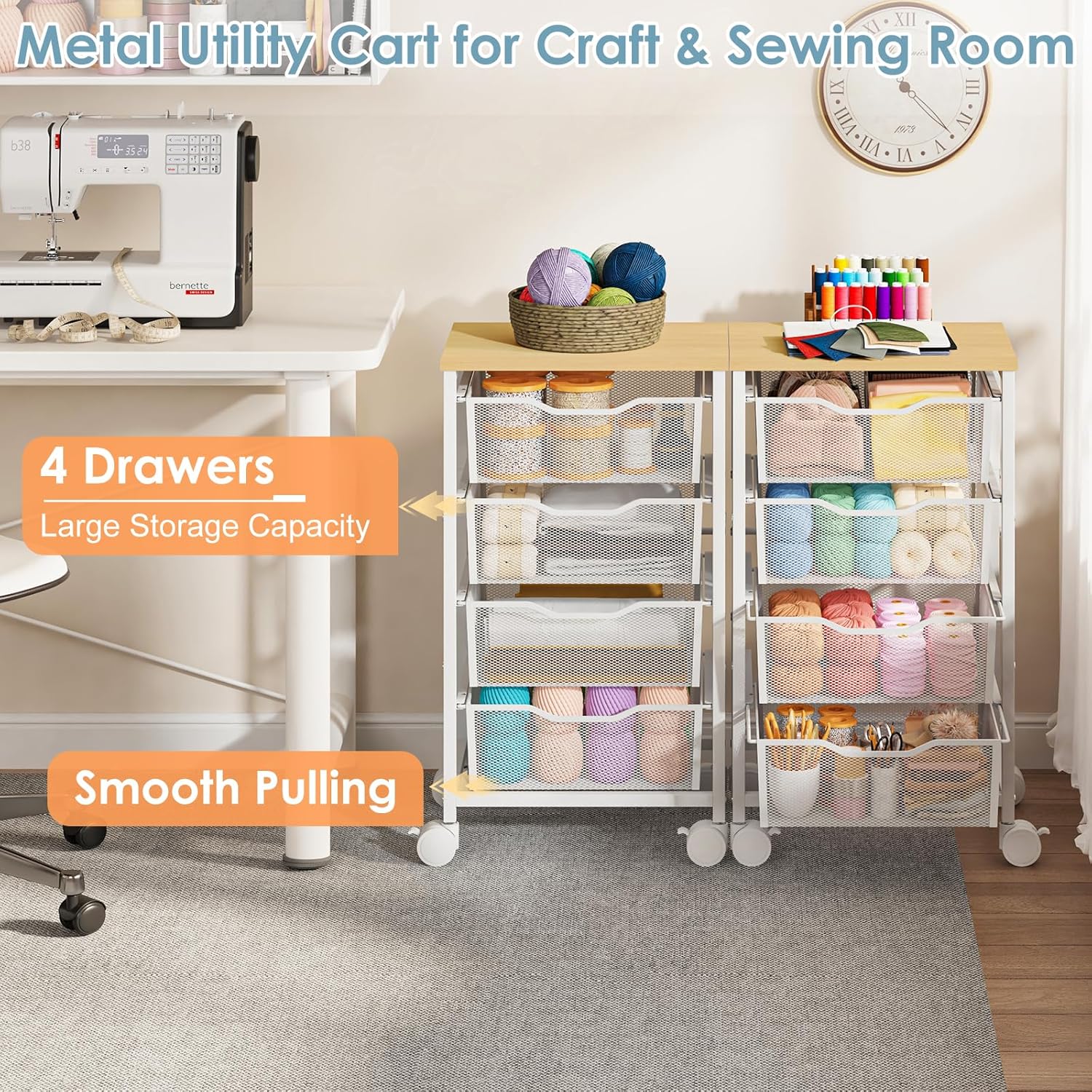 Utility Cart with 4 Drawers, Rolling Storage Cart, Metal Rolling Drawer Cart with Lockable Wheels and Wooden Tabletop, Craft Storage Art Cart for Living Room, Bedroom, Classroom, Office, White - Image 5