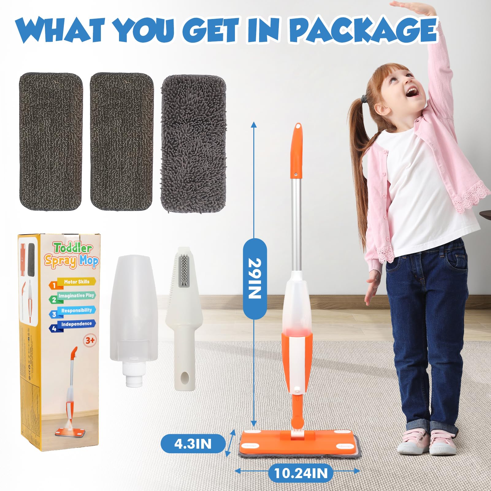Wdmiya Balais Serpillère Jouet avec Vaporisateur pour Enfants, Montessori kit Menage avec Fonction de Pulvérisation Réelle et 3 Tampons Lavables, Idéal pour Jeux de Rôle Filles Garçons Cadeau âge 3-6