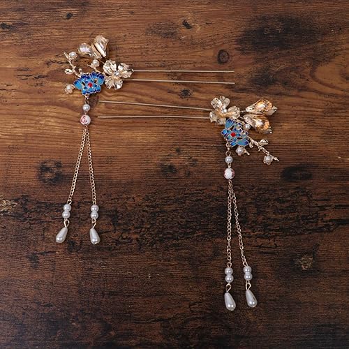 Miniatura 4 de Lurrose 1 par de palillos de pelo vintage chinos japoneses palillos de perlas con borla larga accesorios tradicionales para el cabello para mujeres