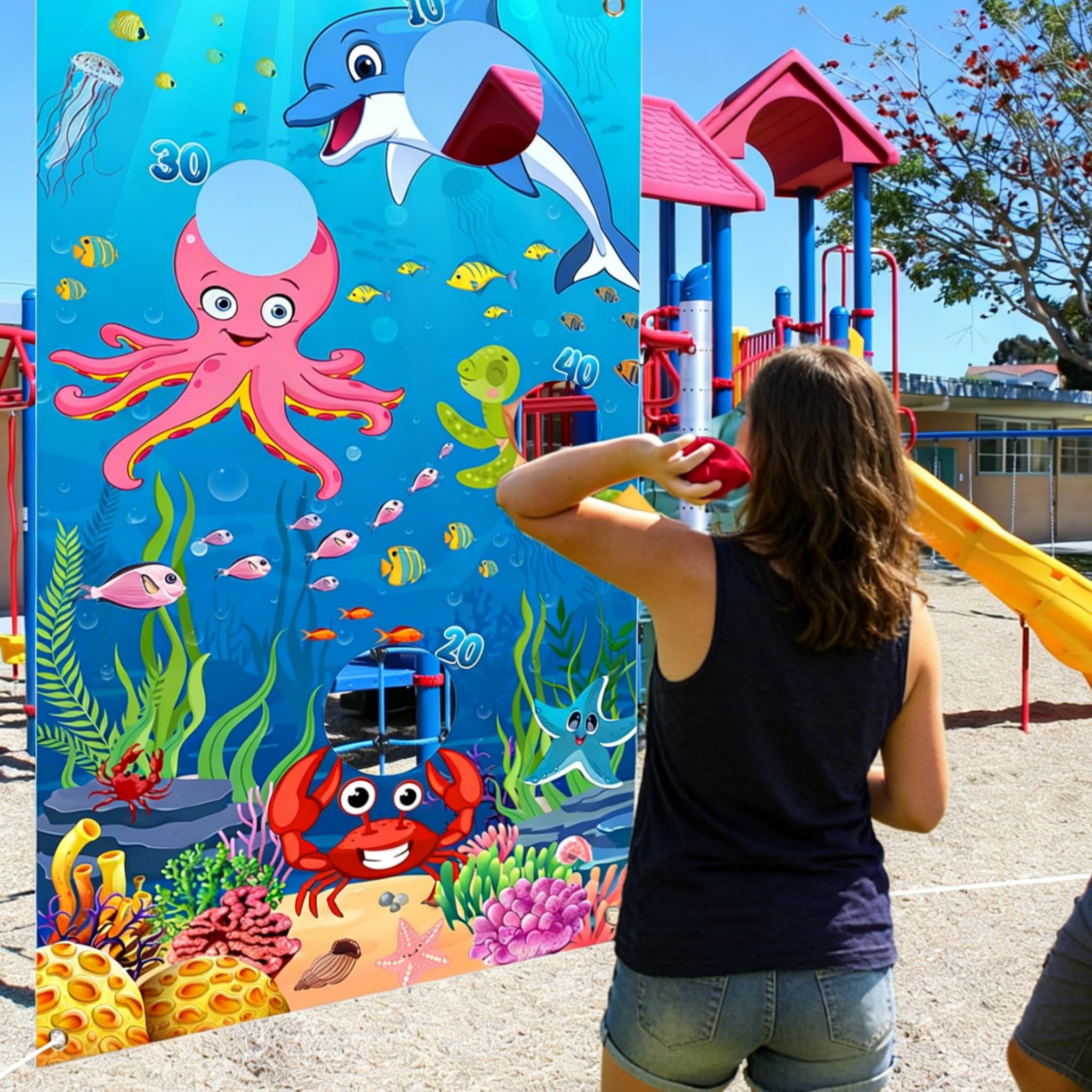 Ozean-Wurfspiel, Sitzsack-Wurfspiel für Kinder, Ozean-Thema, Ozean-Meerestier-Hintergrund, Fotohintergrund für Jungen, Mädchen, Erwachsene, Geburtstagsparty, Outdoor, Familienunterricht, Karneval
