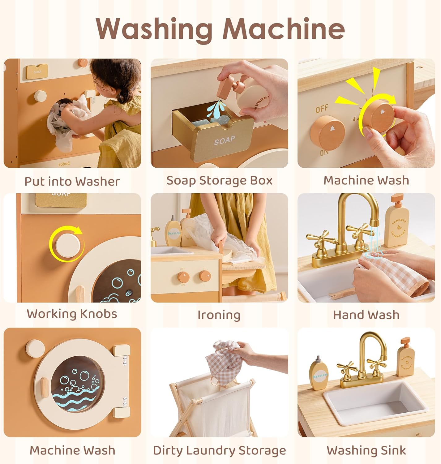 ROBOTIME Caramel Wooden Kids Play Kitchen – 4-in-1 Toddler Role Play Kitchen Set with Fridge, Washing Machine & Iron, Dishwasher – Pretend Cooking Playset for Boys & Girls Ages 3+