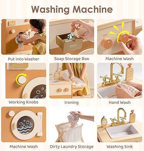 Miniatura 5 de ROBOTIME Juego de cocina de madera caramelo para niños, juego de rol 4 en 1 con nevera, lavadora y plancha, lavavajillas, juego de cocina para niños