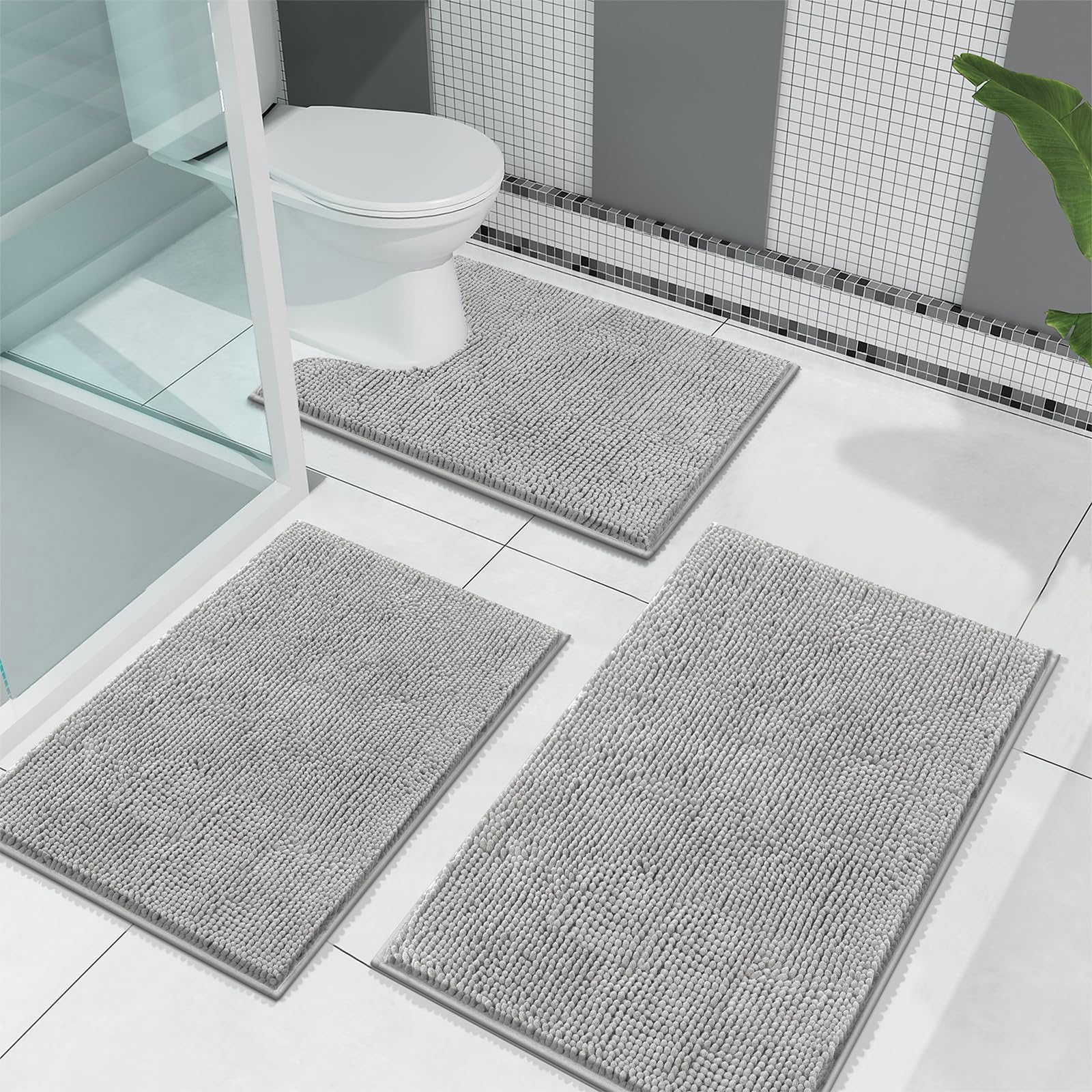 Enyhom Tappetini da bagno in ciniglia, 3 pezzi, ultra assorbenti, antiscivolo, lavabili in lavatrice, morbidi, a pelo lungo, per doccia (grigio chiaro, 45 x 65 + 50 x 80 + U50 x 60 cm)
