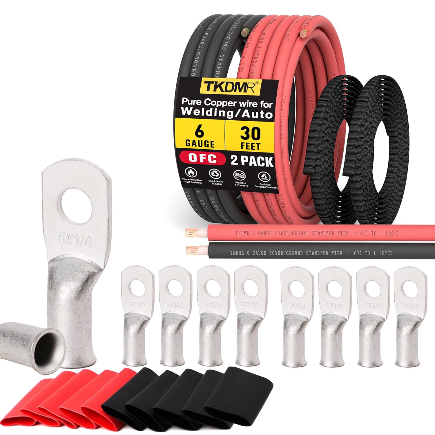 TKDMR 6 AWG Complete Battery Cable Bundle - 30 FT Red & 30 FT Black OFC Welding Cable with 10 Marine Grade 1/4" Ring Terminals & Heat Shrink