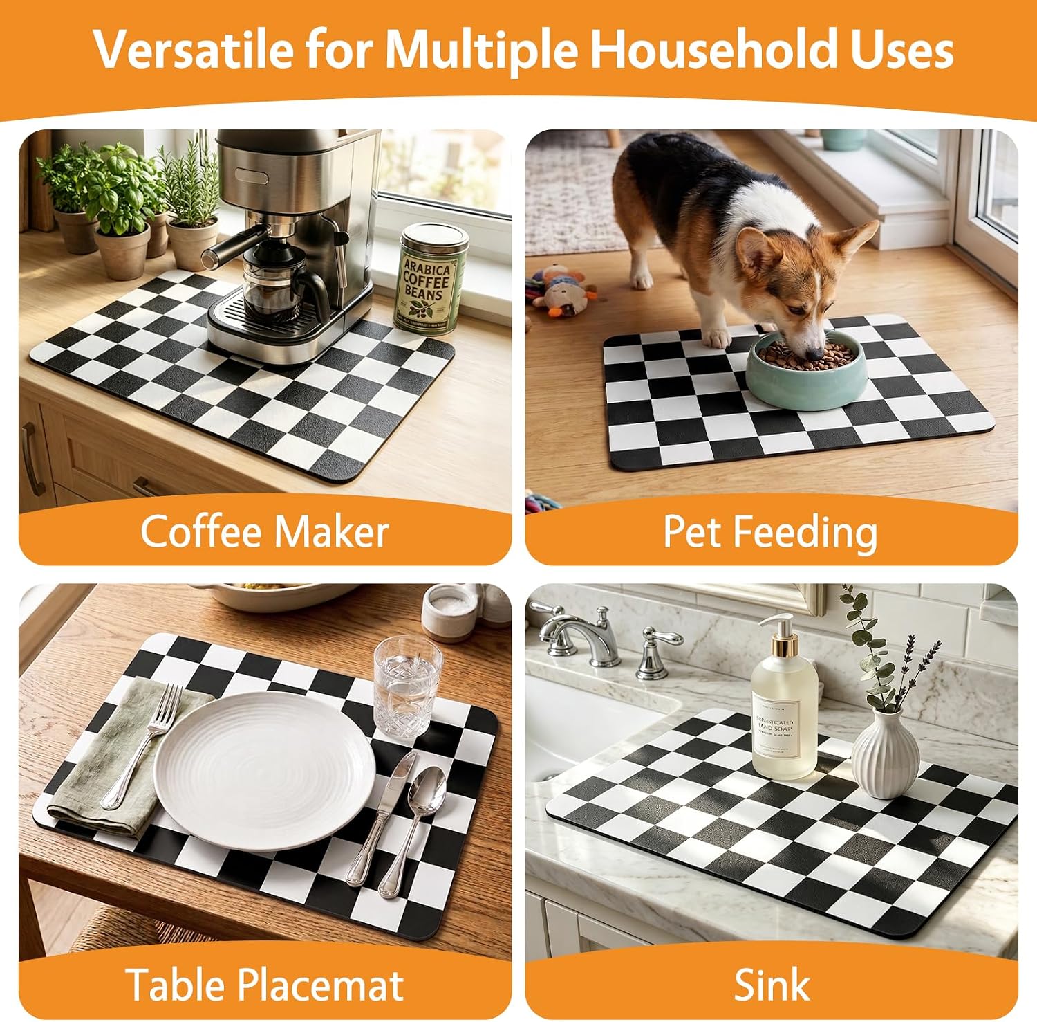 Checkered Dish Drying Mat for Kitchen Counter (Black, 24" x 16")