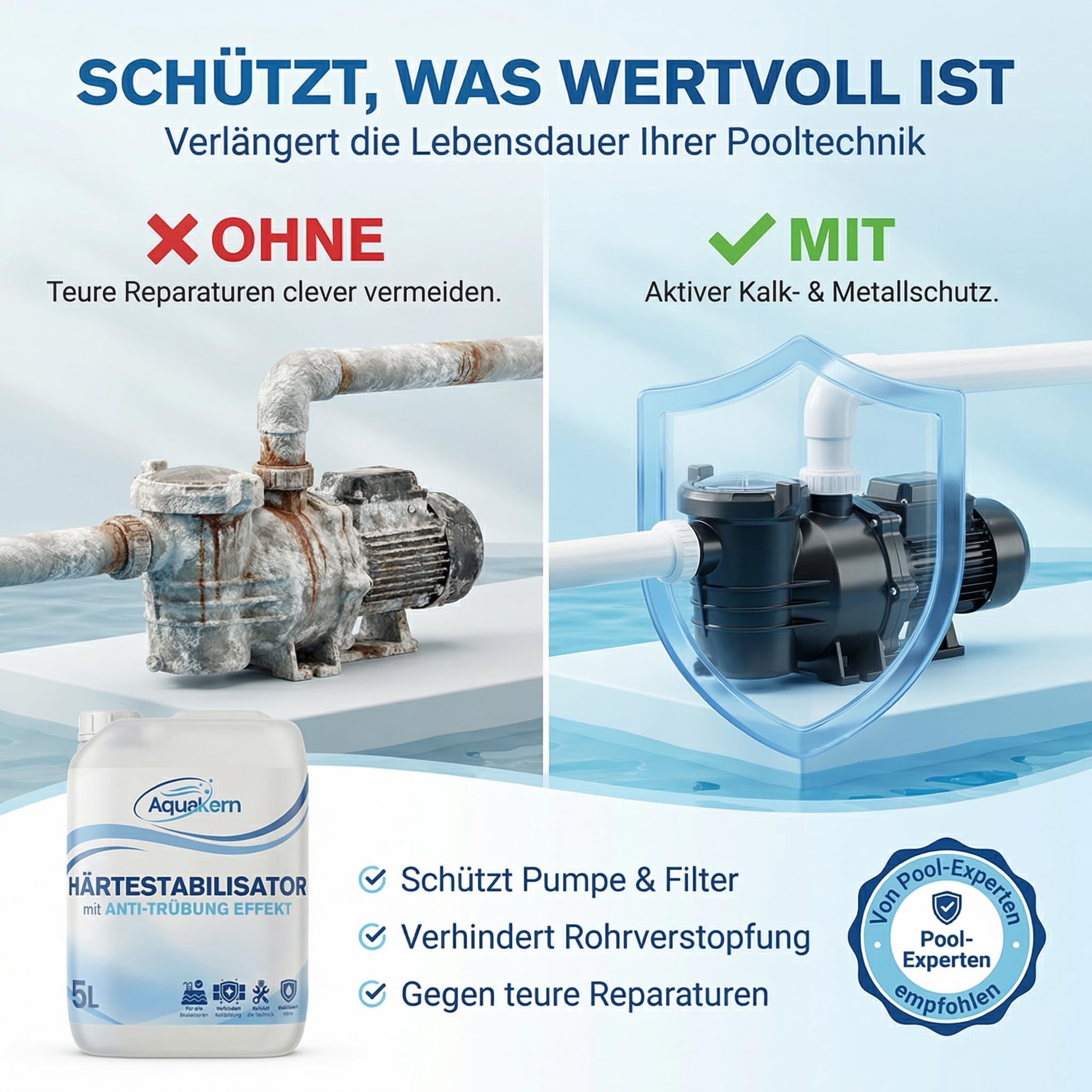 Härtestabilisator 5L & Algenvernichter Power 5L [entfernt Kalkablagerungen & Algen im Pool] mit Aqua KLAR KOMPLEX | Schützt die Pooltechnik | bindet Calcium & Metallionen | Made in Germany