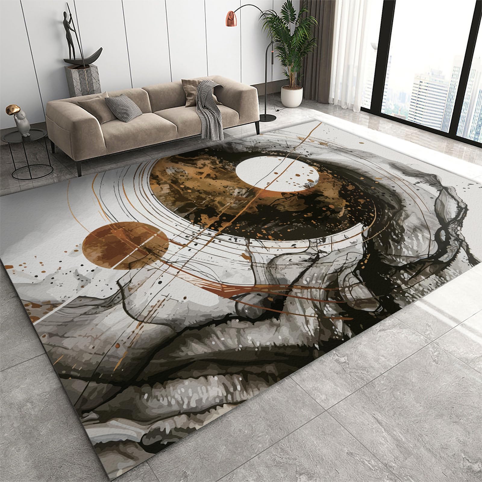 QDJKBL Area Rugs 120 x 170 cm Black Ink Graffiti, Modern Gradient Color Ripple Lines Rugs for Bedroom, Non-Slip Carpet Fine Fluff Short Velvet for Nursery College Dorm Teen Room Decor