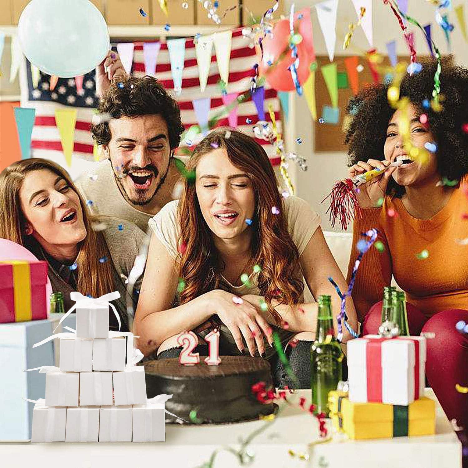 KPOSIYA 100 Pack Favor Boxes 2x2x2 inch Candy Boxes White Gift Boxes with Ribbons for Wedding Baby Shower Decorations Birthday Party Supplies - Image 2