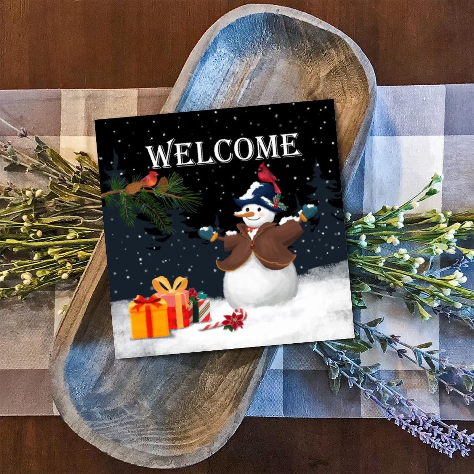 Panneau de Noël en bois avec inscription ciselée Welcome Snowman