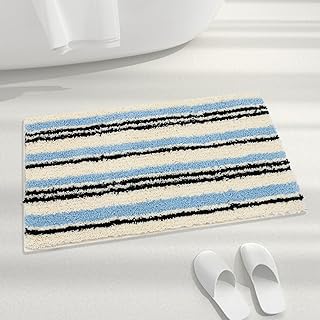 Blue Bath Mat Striped Bathroom Rug Fluffy Microfiber Absorbent Non Slip Bath mat Washable,Cute Bath mat for Sink, Tub and Shower, 24" x 16"