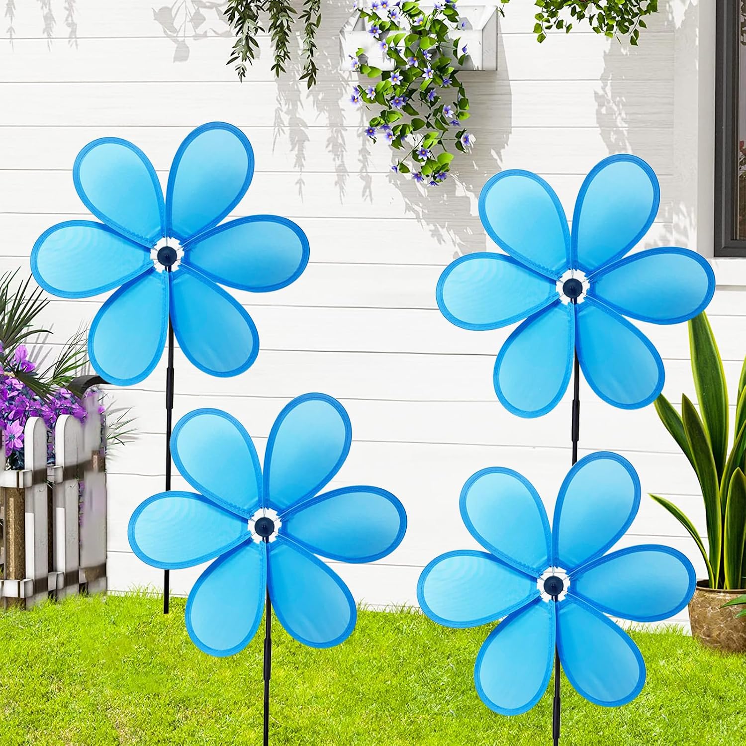 4pcs Flower Wind Spinner Blue Pinwheels 11.8 inch Lawn Pinwheel Garden Windmill for Garden, Party, Outdoor, Yard Decor