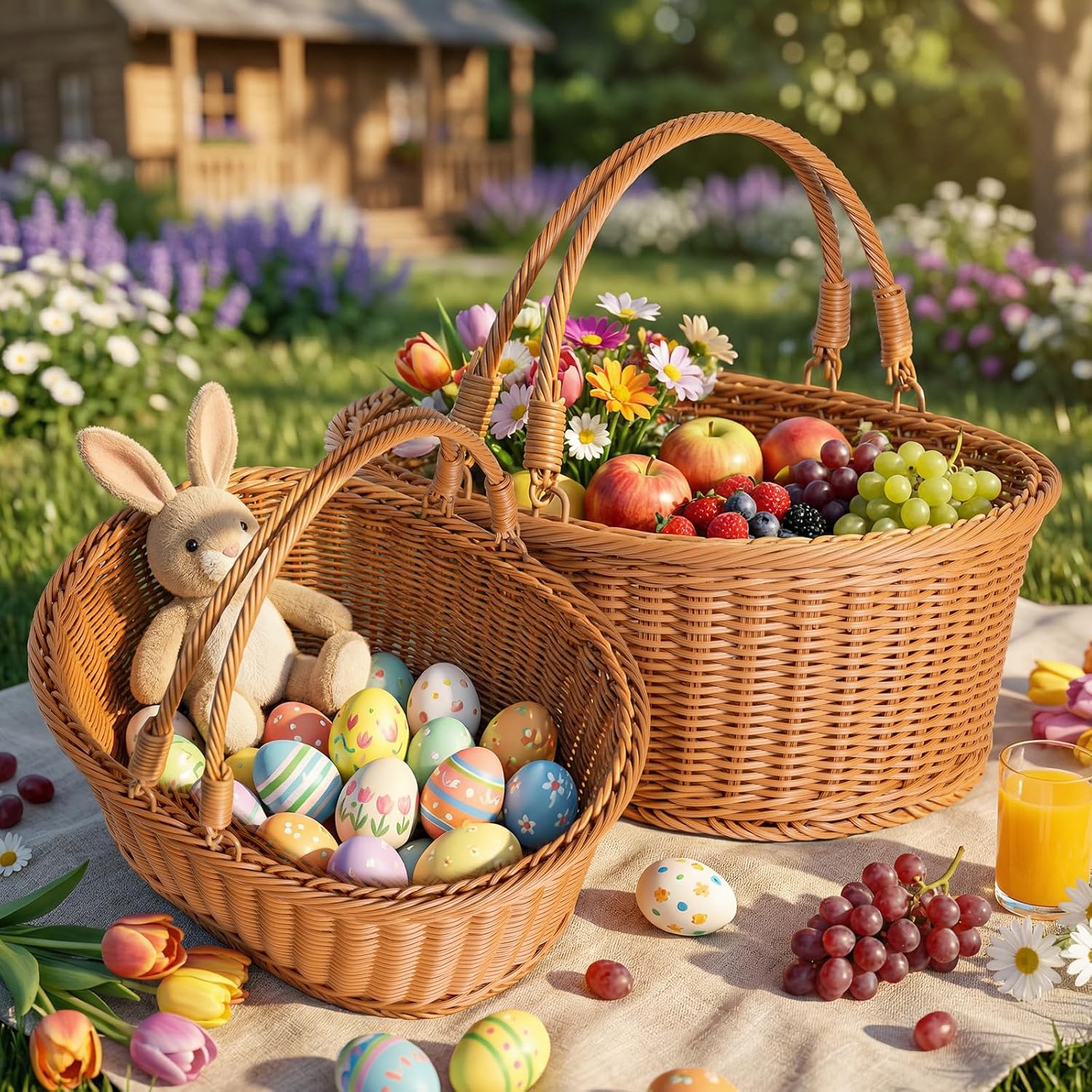 Lanpn Rattan Easter Basket 2 Pcs Set Double Handle Woven Baskets Waterproof for Egg Hunt Candy Picnic and Spring Home Decoration Wicker Basket (Brown)