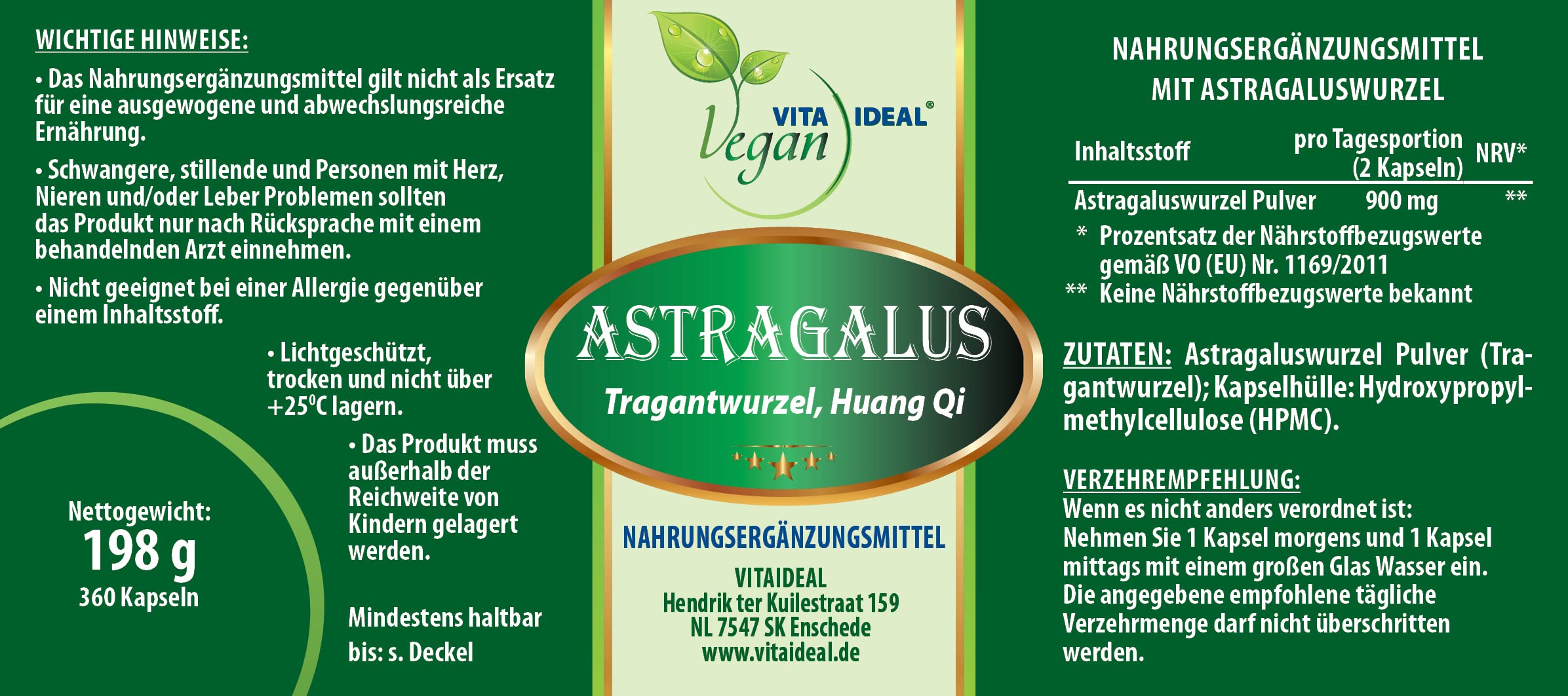 VITA IDEAL Vegan® Astragalus Wurzel 3x 360 Kapseln - Astragalus membranaceus - Tagesportion 900mg Tragantwurzel reines Pulver. Pflanzlich, natürlich und ohne Zusatzstoffe.