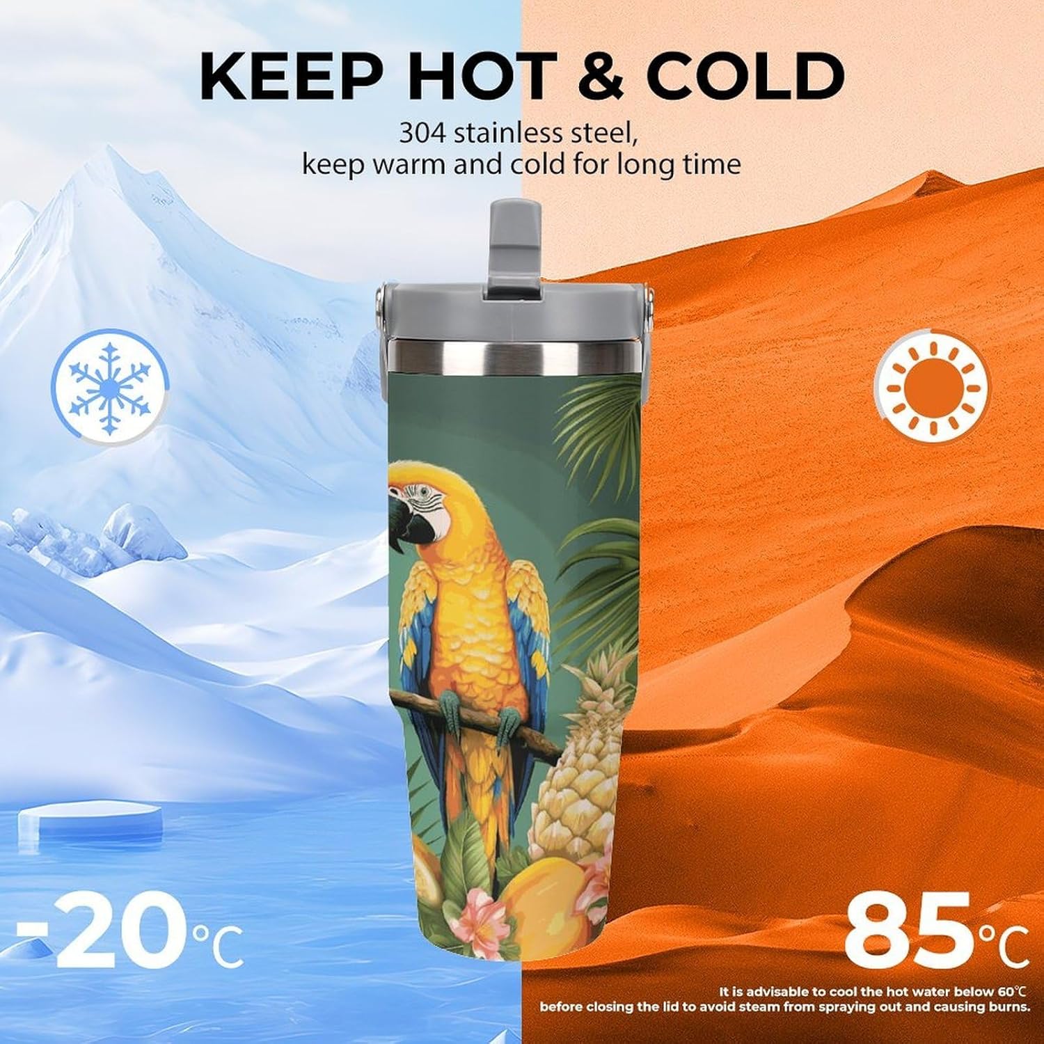 Summer Parrot Pineapple Bird Water Bottle 30 Oz Fits Car Cup Holder,Insulated Coffee Mug Large Capacity Car Cups,Stainless Steel Double Wall Sport Bottle for Travel Sports Gym